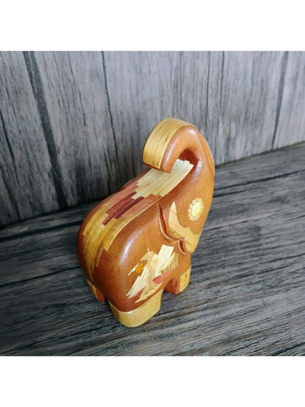 Handcrafted Wooden Elephant Figurine With Ornate Asian Veneer Accents 4", Trunk - Picture 3 of 9